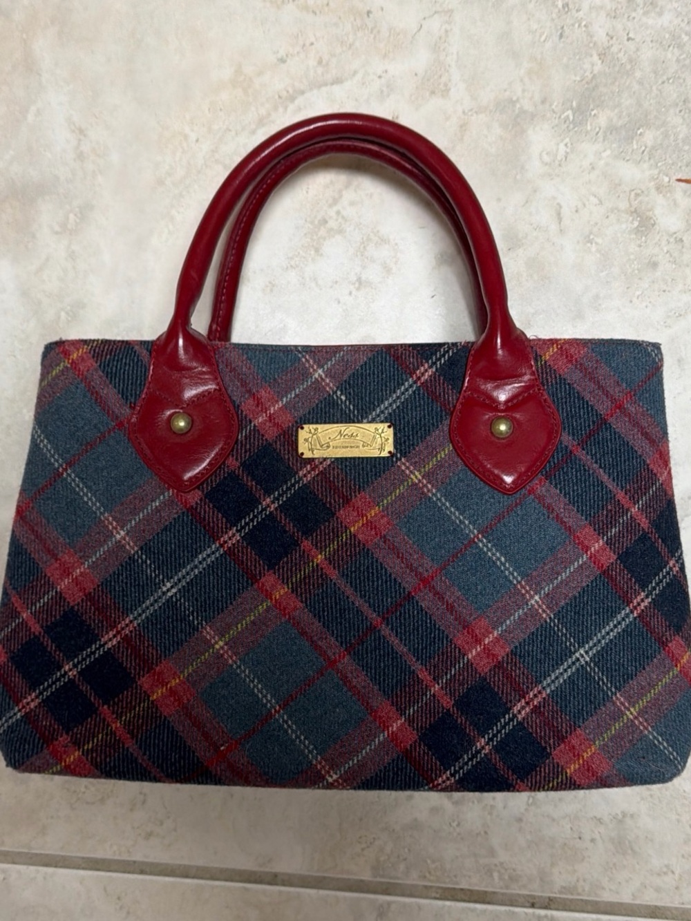 Plaid Tote with Red Leather Handles and Navy Body